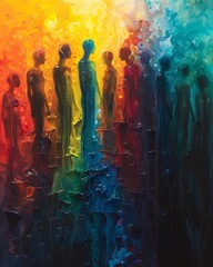 Diversity Spectrum abstract image where diverse human figure arranged along spectrum of color representing broad range of human experience identity figure blend into one another creating harmonious