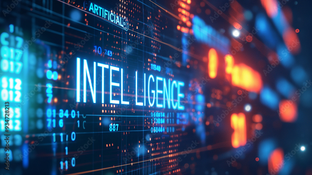 Poster word artificial intelligence augmented reality hologram display with binary codes in background, fut