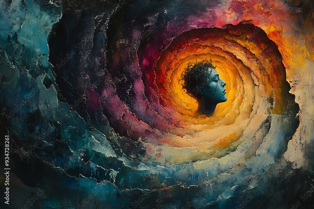 Poster endless spiral of anxiety an abstract representation of a person caught in an endless spiral that tw