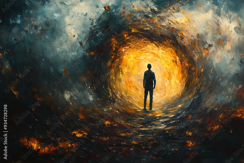 Poster endless spiral of anxiety an abstract representation of a person caught in an endless spiral that tw
