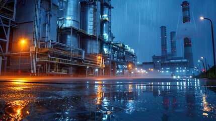 A clean energy factory during a rainstorm