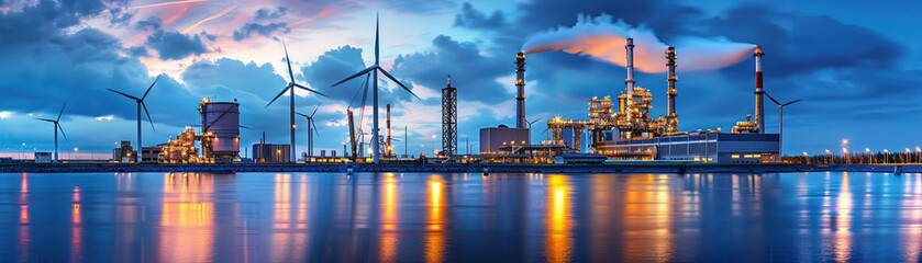 A clean energy factory lit by twilight with glowing lights and active wind turbines