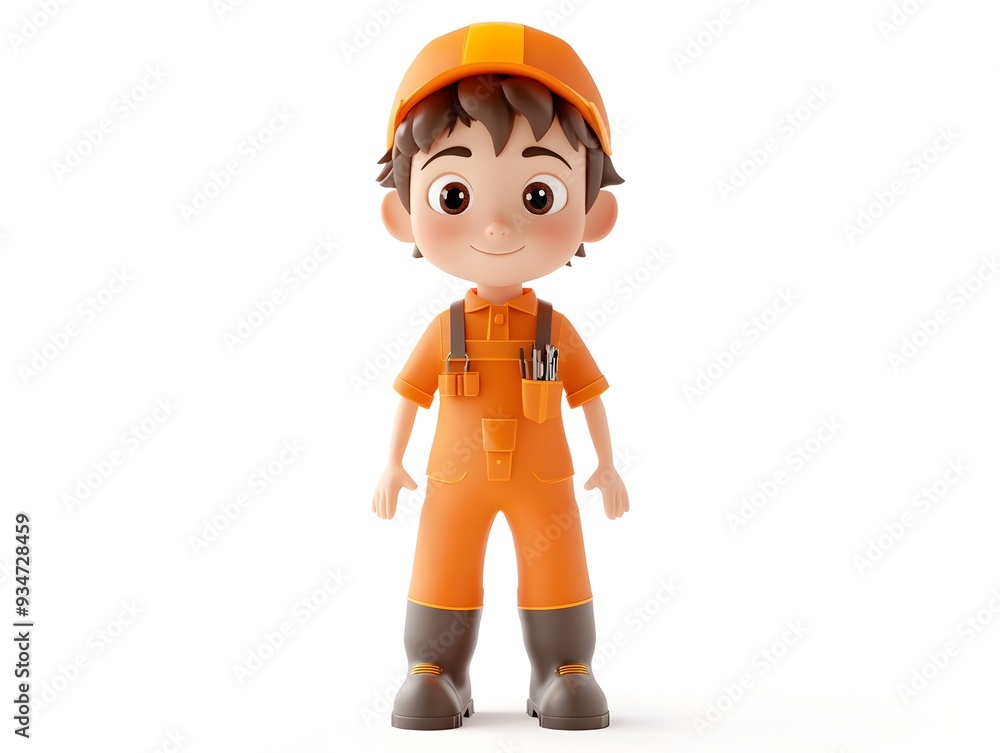 Poster a 3d animated full body rendering of a young male character in a blue mechanic s uniform standing ce