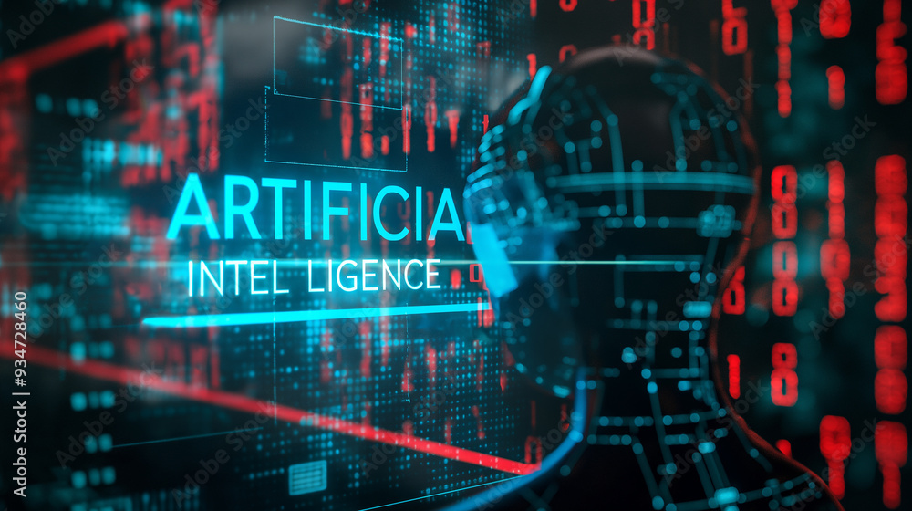 Poster word artificial intelligence augmented reality hologram display with binary codes in background, fut