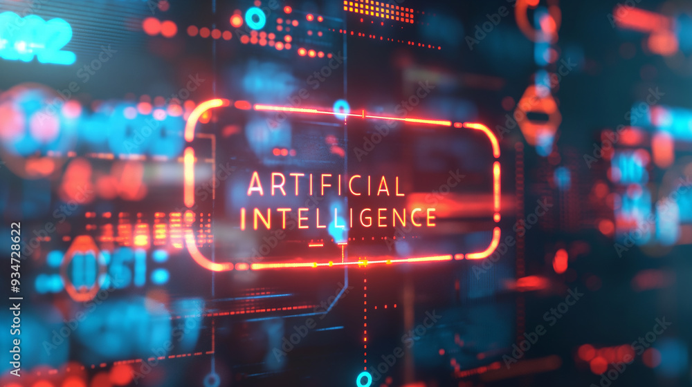 Poster word artificial intelligence augmented reality hologram display with binary codes in background, fut