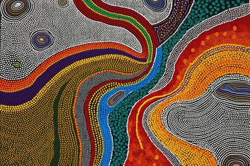 Evocative Australian Aboriginal Dot Painting Showcasing Nature's Rhythms and Colorful Flow