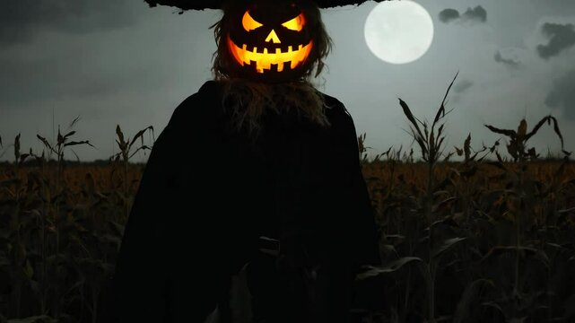 A spooky scarecrow with a glowing jack-o'-lantern head stands ominously in a cornfield under a full moon, creating a chilling Halloween atmosphere.