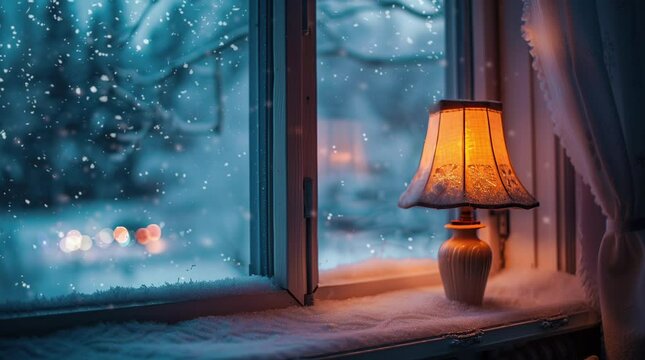 Softly glowing lamp on a table by the window, casting a warm light into the room with a peaceful and cozy atmosphere
  Seamless looping 4k time-lapse virtual video animation Generated AI