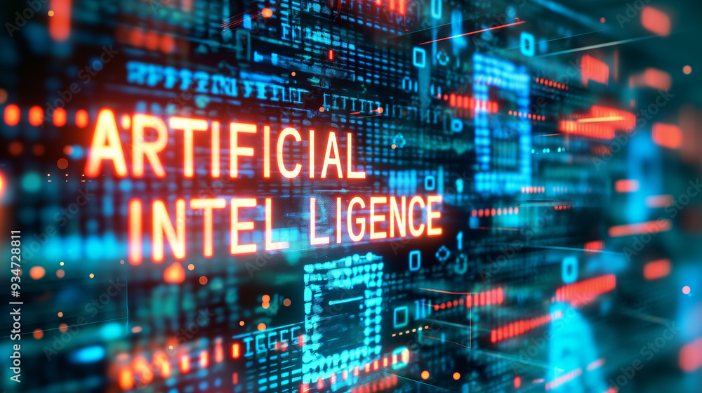 Poster word artificial intelligence augmented reality hologram display with binary codes in background, fut