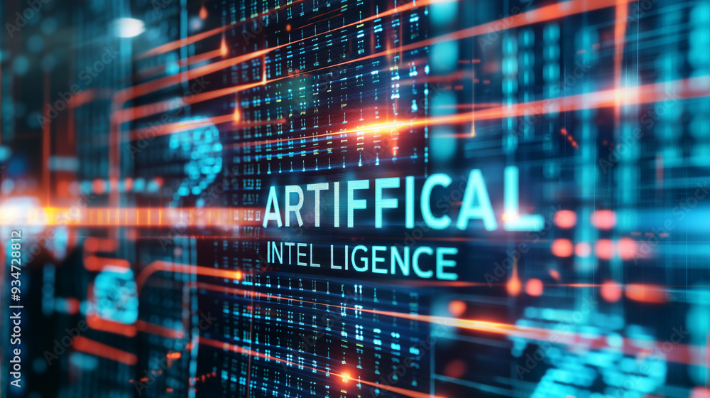 Poster word artificial intelligence augmented reality hologram display with binary codes in background, fut
