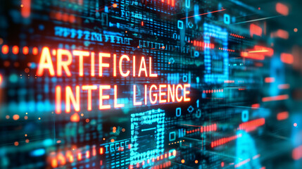 word ARTIFICIAL INTELLIGENCE augmented reality hologram display with binary codes in background, futuristic AI technology background wallpaper 