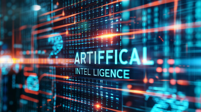 word ARTIFICIAL INTELLIGENCE augmented reality hologram display with binary codes in background, futuristic AI technology background wallpaper 