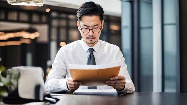 データを確認するために書類を読み込む日本のビジネスマンの集中力