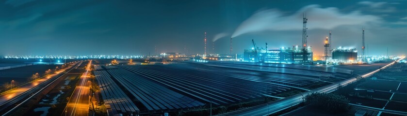 A panoramic night view of a clean energy factory with glowing solar fields