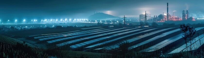 Fototapeta premium A panoramic night view of a clean energy factory with glowing solar fields