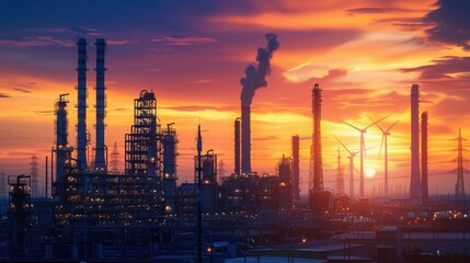 Fototapeta premium A panoramic sunset view behind a clean energy factory