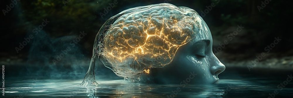 Poster fragility of mind conceptual image of delicate glass brain cracked fragile floating dark void cracks