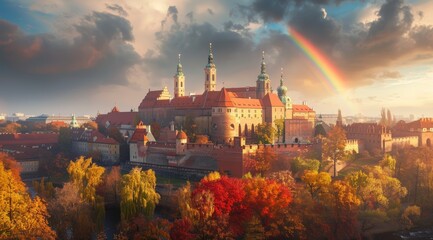 Wawel Castle in Krakow with Rainbow and Autumn Foliage