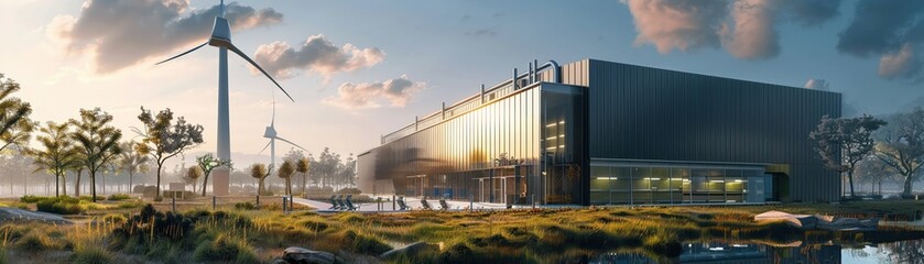 A sleek modern clean energy factory integrated into a natural landscape