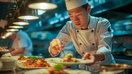 Asian Chef Garnishing Dishes in Professional Kitchen