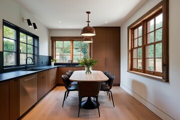 Fototapeta premium Modern Kitchen Design Featuring Cozy Dining Table Smart Storage Solutions and Rustic Window Frame