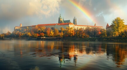 A Rainbow Arcs Over a Castle Reflecting in Calm Water