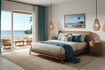 Obraz premium Cozy Coastal Bedroom Mockup: Spacious 3D Design and Serene Atmosphere