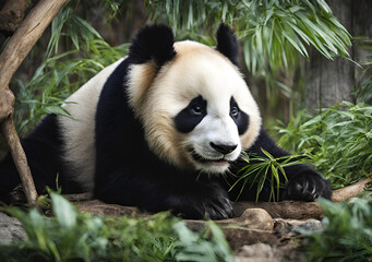 Fototapeta premium Panda Contently Munching Bamboo