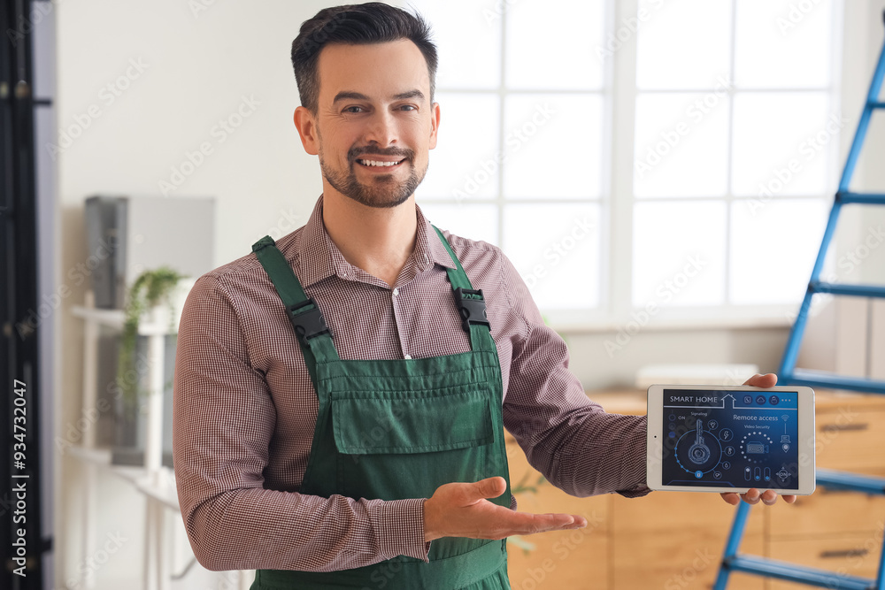 Poster male worker showing tablet computer with installed alarm system in room