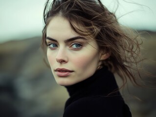 Naklejka premium Portrait of a Young Woman with Windblown Hair in a Natural Outdoor Setting