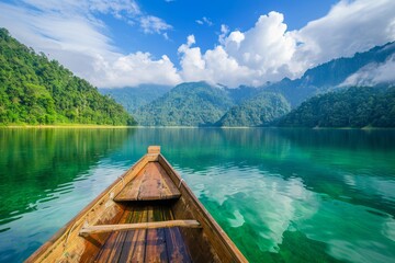 Obraz premium Wooden Boat on Tranquil Lake Surrounded by Lush Green Mountains