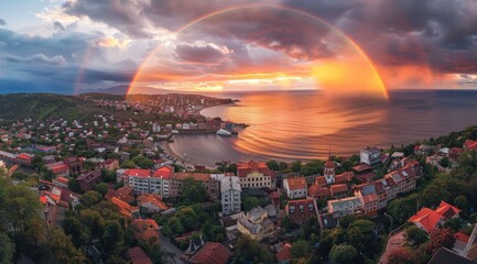 Obraz premium Aerial View of Coastal Town with Rainbow and Sunset