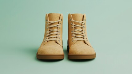 Stylish beige boots with laces on a soft green background, perfect for fashion, outdoor activities, or as footwear accents.