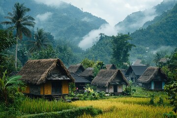 Fototapeta premium Idyllic rural village nestled in lush green tropical landscape