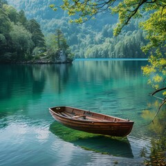 Obraz premium Wooden Rowboat Moored on Tranquil Emerald Lake Surrounded by Lush Green Foliage