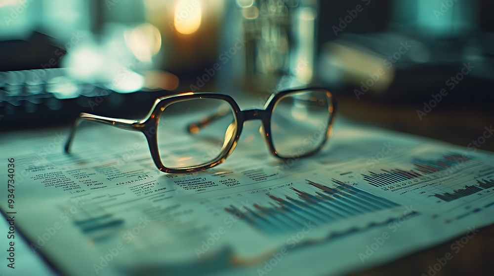 Poster glasses resting on charts and graphs from a financial report, symbolizing detailed business data ana