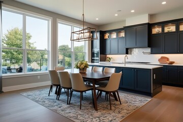 Modern Kitchen and Dining Room Layout Featuring Large Windows and Stylish Cabinet Storage