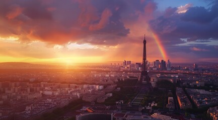 Naklejka premium Paris Skyline with Eiffel Tower at Sunset and Rainbow