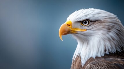 Professionally lit studio featuring an eagle, with soft lighting emphasizing its sharp eyes and strong wings against a clean, minimalistic backdrop.