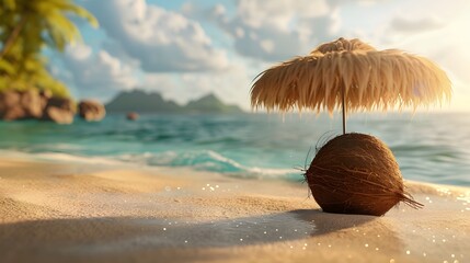 Tropical beach concept made of coconut fruit and sun umbrella. Creative minimal summer idea.