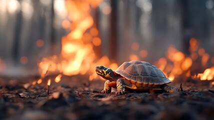 Dramatic scene of a turtle navigating through a forest in flames, with smoke and fire surrounding it, showcasing its steady progress amidst the chaos.
