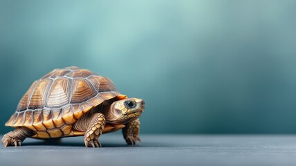 Obraz premium Professionally lit studio featuring a turtle, with soft lighting accentuating its detailed shell patterns and serene expression against a clean backdrop.