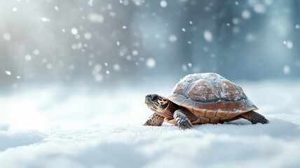 Serene scene of a turtle moving through a snow-covered landscape, with snowflakes gently settling on its shell and quiet wintry surroundings.