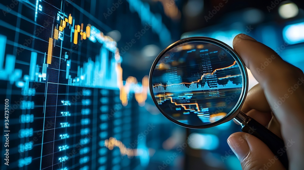 Poster analyzing stock market data with a magnifying glass, emphasizing the importance of precision in fina
