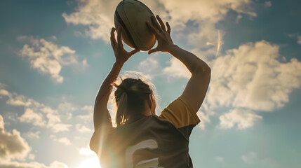 Women�s hands reach out to catch a rugby ball from the back.
