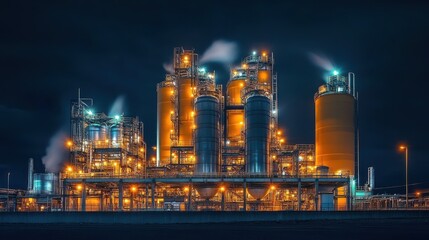 Naklejka premium Night View of an Illuminated Industrial Plant with Large Silos and Steam Pipes Under a Dark Sky. 