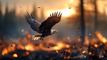 Dramatic image of an eagle navigating through a forest engulfed in flames, showcasing its resilience and aerial agility amidst the fiery turmoil.