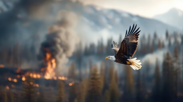 Dramatic image of an eagle navigating through a forest engulfed in flames, showcasing its resilience and aerial agility amidst the fiery turmoil.