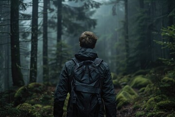 Naklejka premium Man Walking Through Dark Forest with Detailed Background