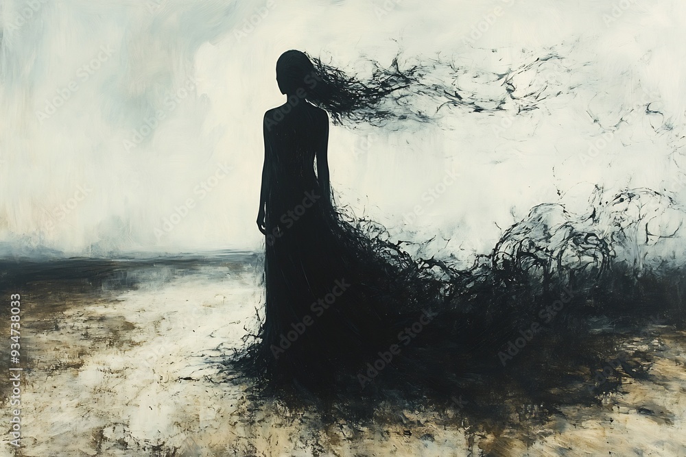 Poster invisible burden abstract portrayal of figure walking through desolate landscape their shadow cast l